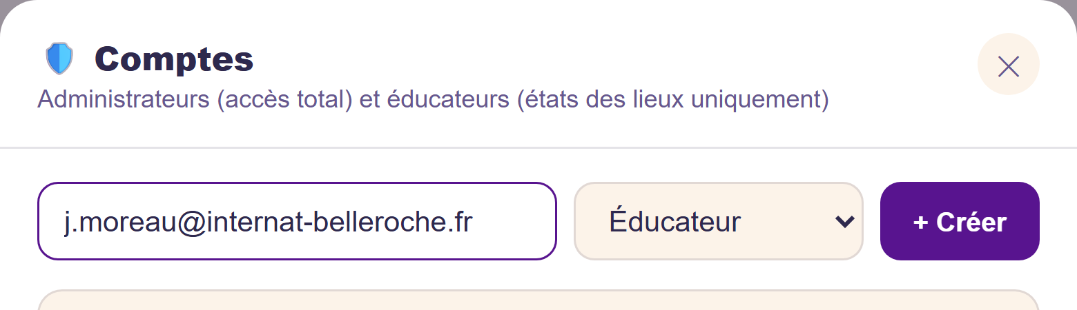 Écran de gestion des comptes administrateurs et éducateurs
