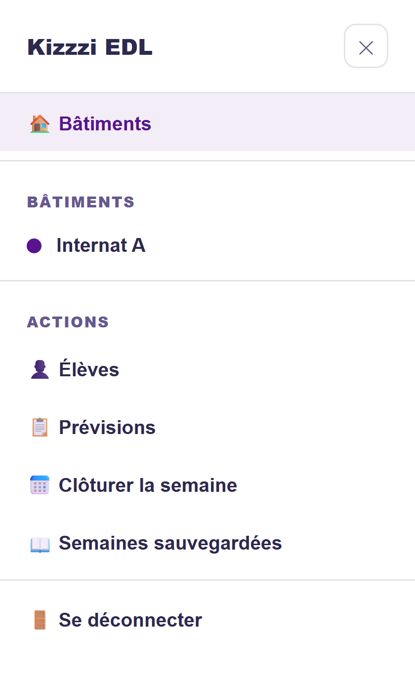 Menu restreint d'un compte éducateur