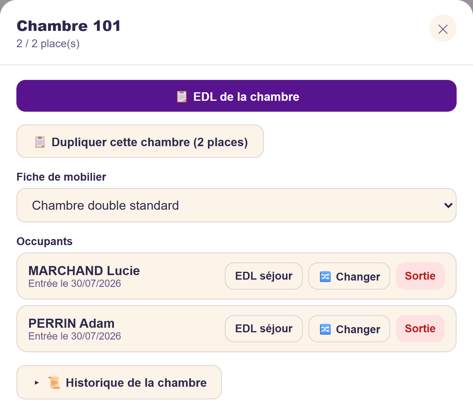 Fiche d'une chambre occupée, avec accès à l'état des lieux et à chaque séjour
