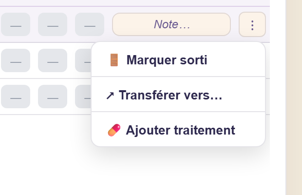 Menu ⋮ ouvert sur une ligne d'élève : Marquer sorti, Transférer vers…, Ajouter traitement