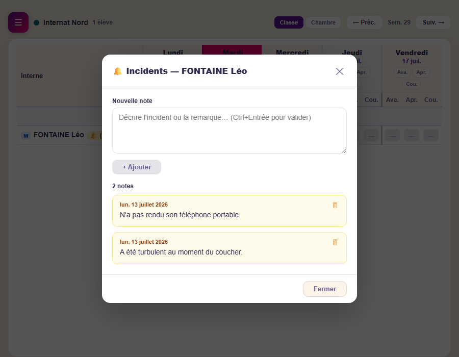 Fenêtre de notes et incidents pour un élève