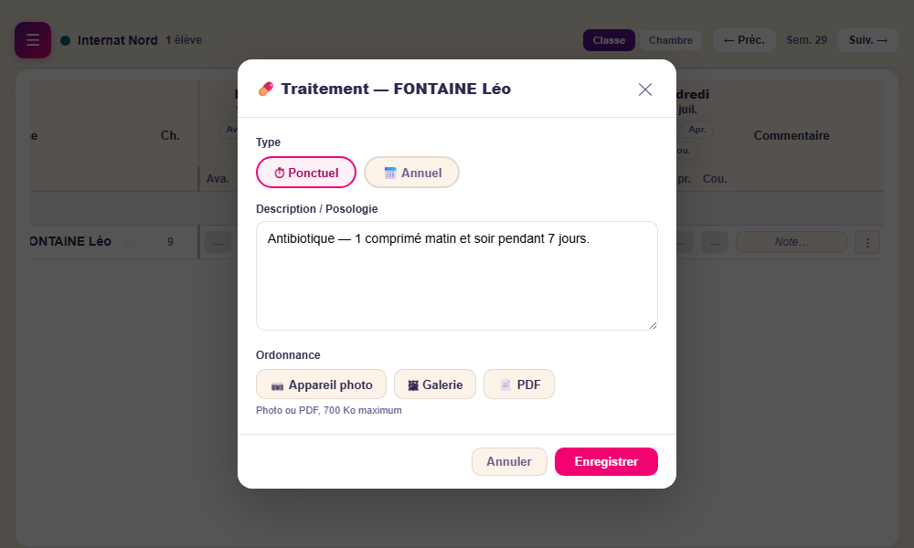 Fenêtre de suivi d'un traitement pour un élève